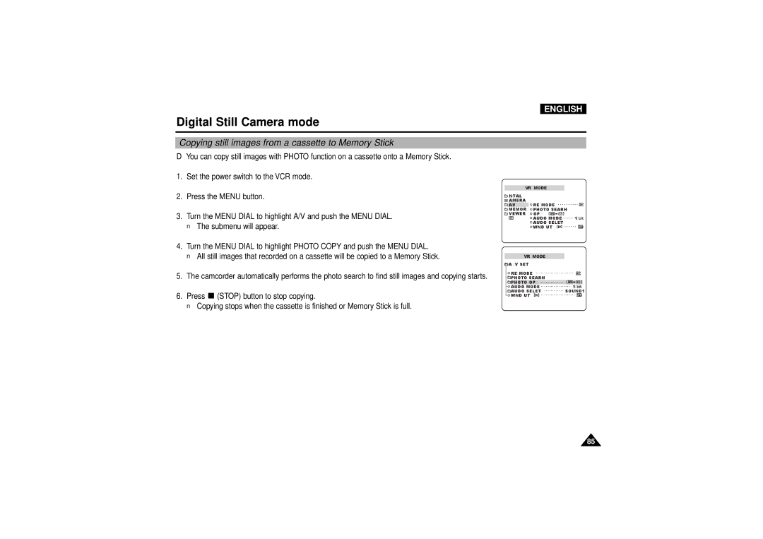 Samsung VP-D190MSI manual Copying still images from a cassette to Memory Stick 