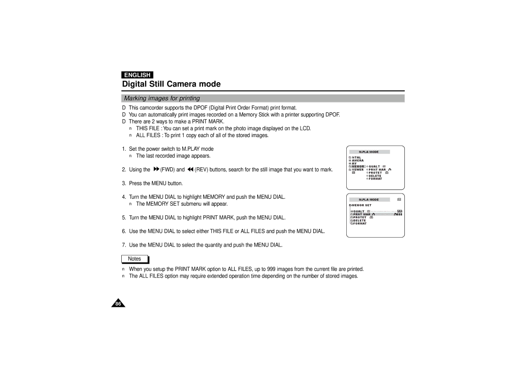 Samsung VP-D190MSI manual Marking images for printing 