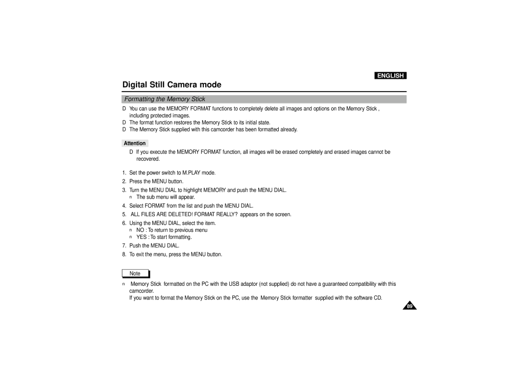 Samsung VP-D190MSI manual Formatting the Memory Stick 