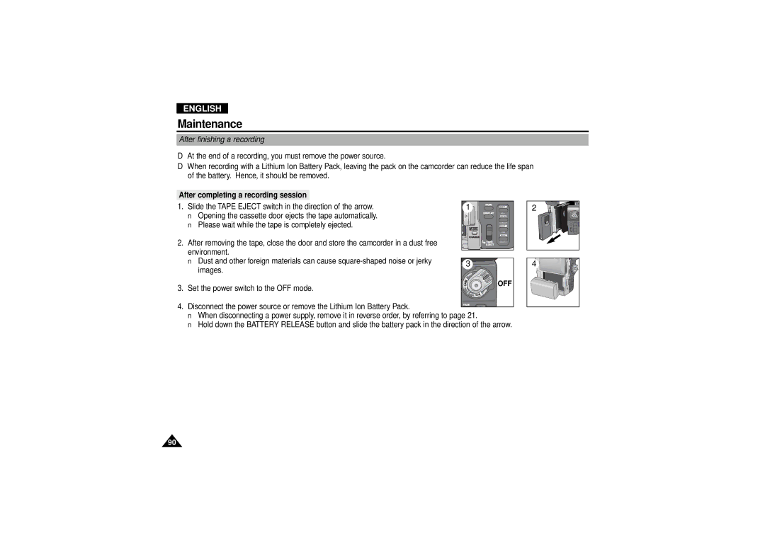 Samsung VP-D190MSI manual Maintenance, After finishing a recording, After completing a recording session 