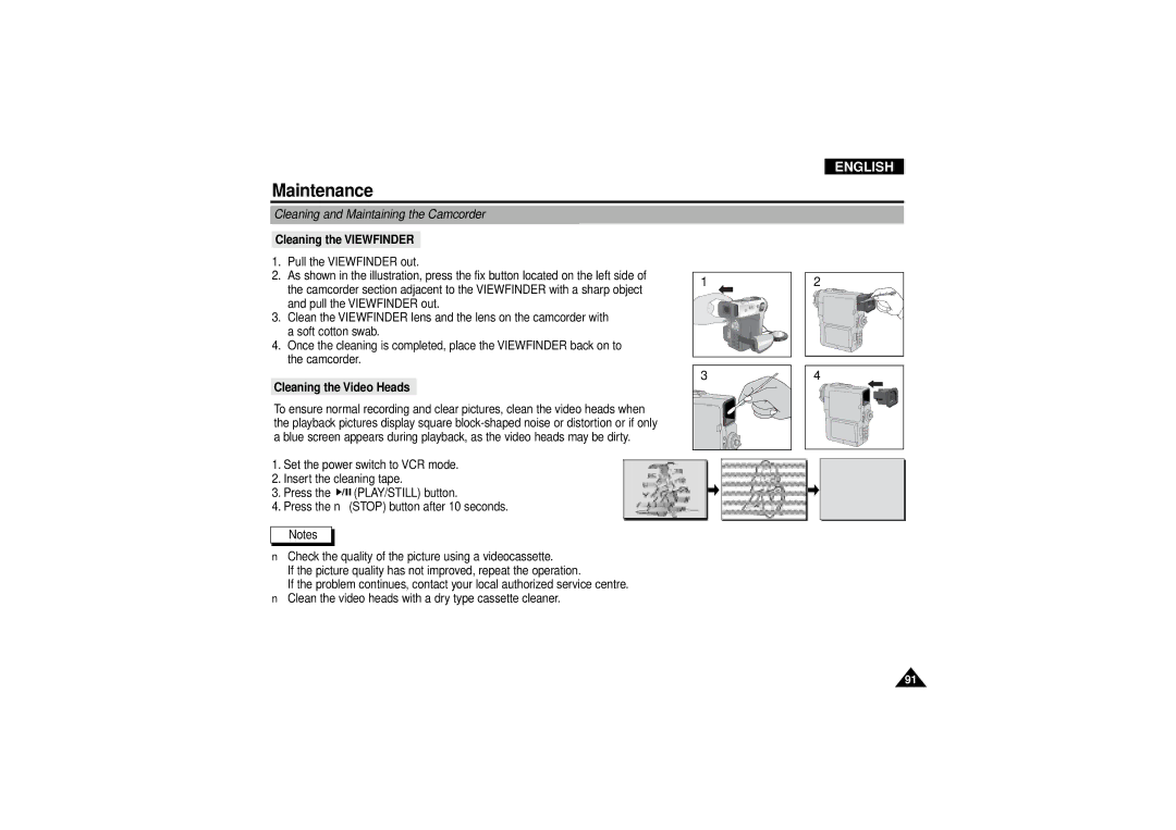 Samsung VP-D190MSI manual Cleaning and Maintaining the Camcorder, Cleaning the Viewfinder, Cleaning the Video Heads 