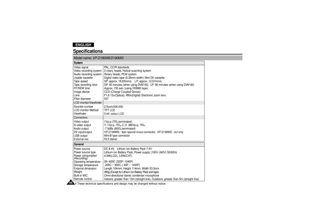 Samsung VP-D190MSI manual Specifications, Model name VP-D190MS/D190MSi 