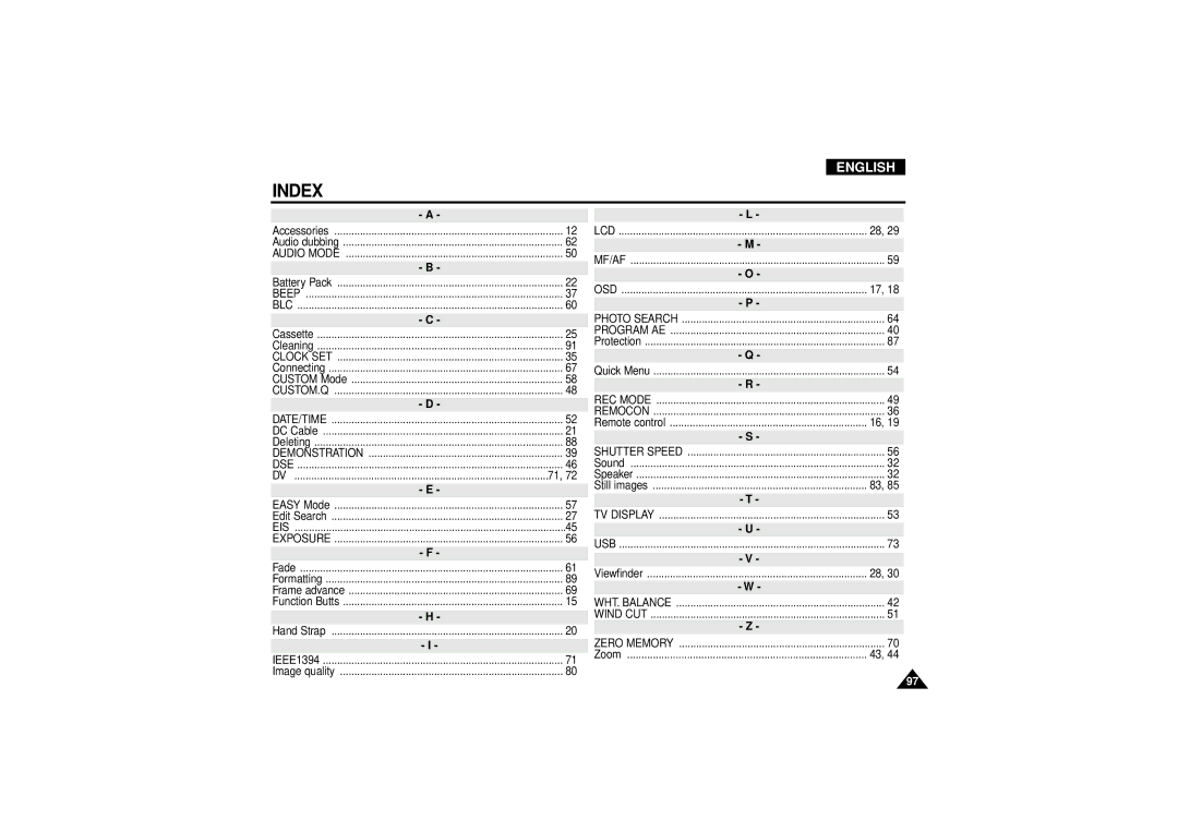 Samsung VP-D190MSI manual Index 