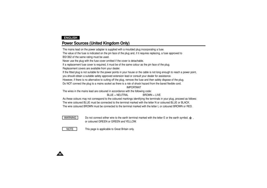 Samsung VP-D190MSI manual Power Sources United Kingdom Only, Blue = Neutralbrown = Live 