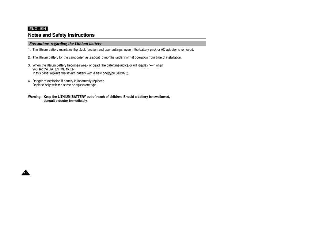 Samsung VP-D200 manual Precautions regarding the Lithium battery 