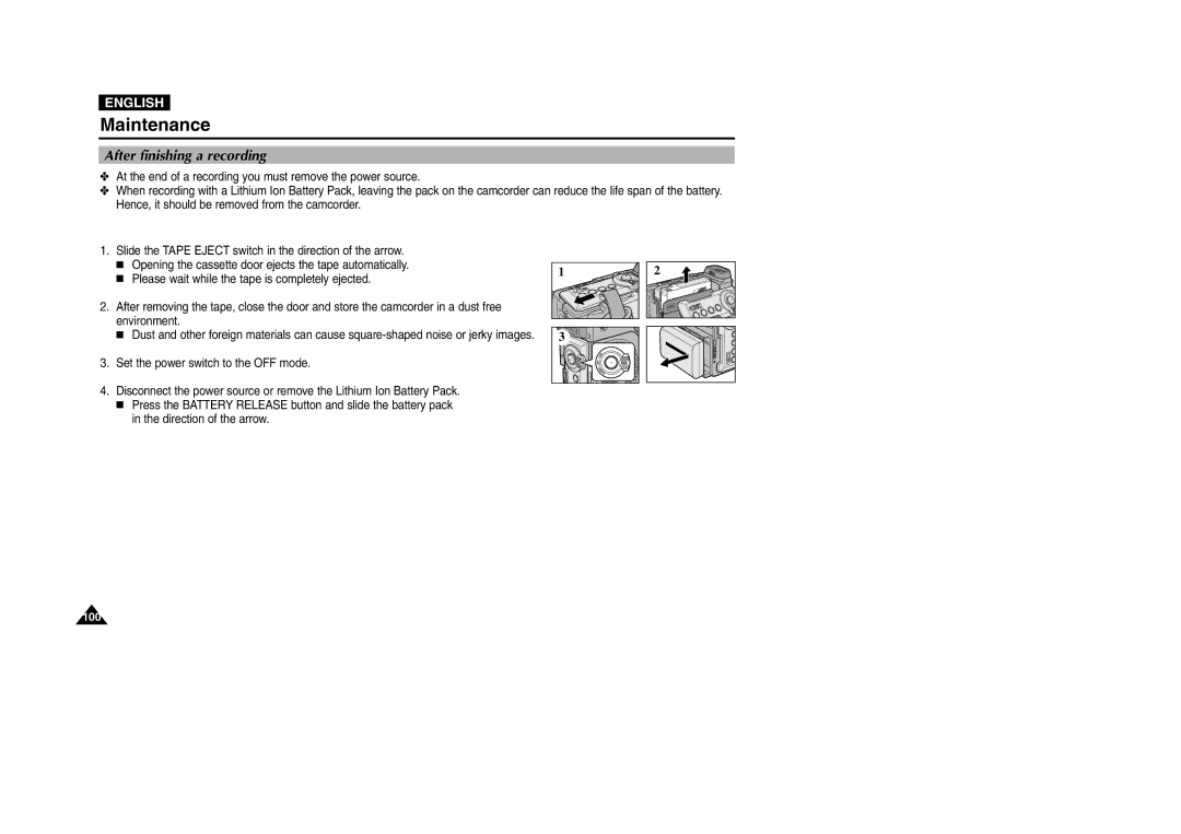 Samsung VP-D200 manual Maintenance, After finishing a recording 