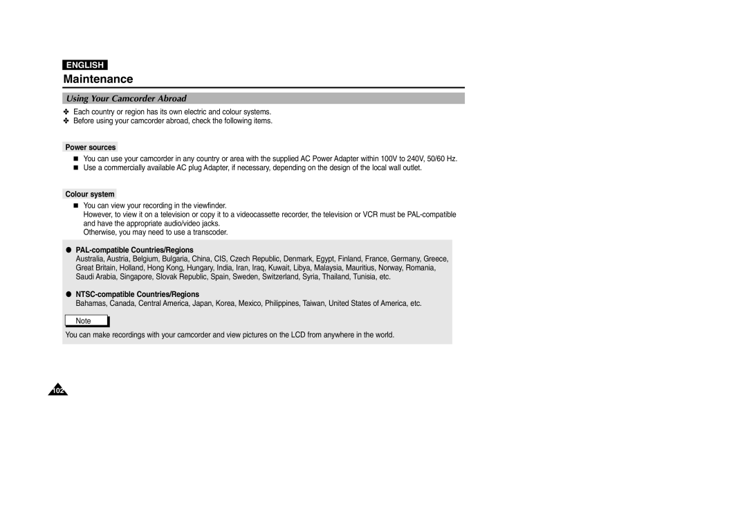 Samsung VP-D200 manual Using Your Camcorder Abroad, Power sources, Colour system, PAL-compatible Countries/Regions 