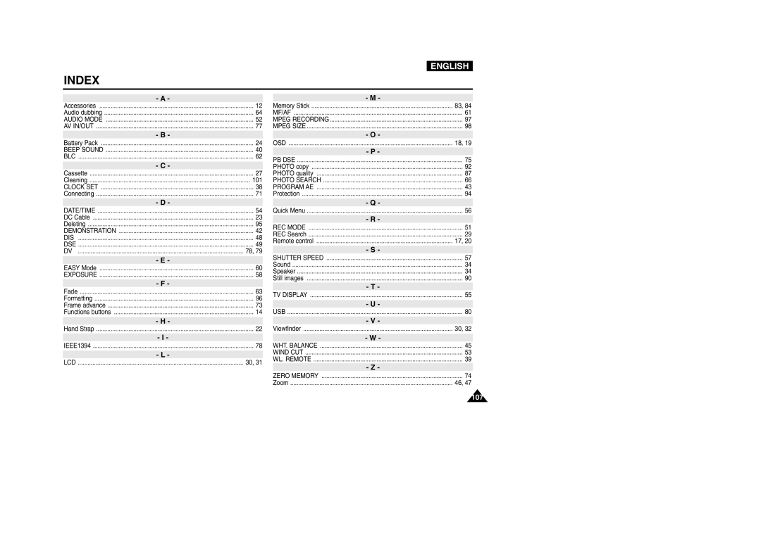 Samsung VP-D200 manual Index 