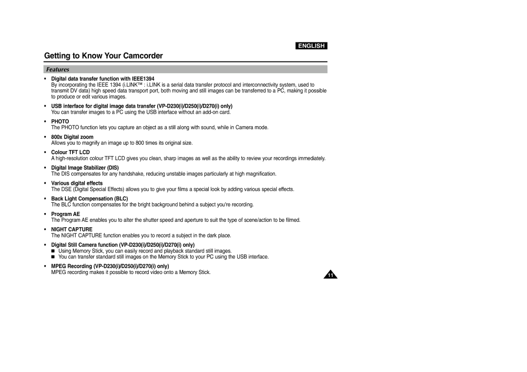 Samsung VP-D200 manual Features, Photo, Night Capture 