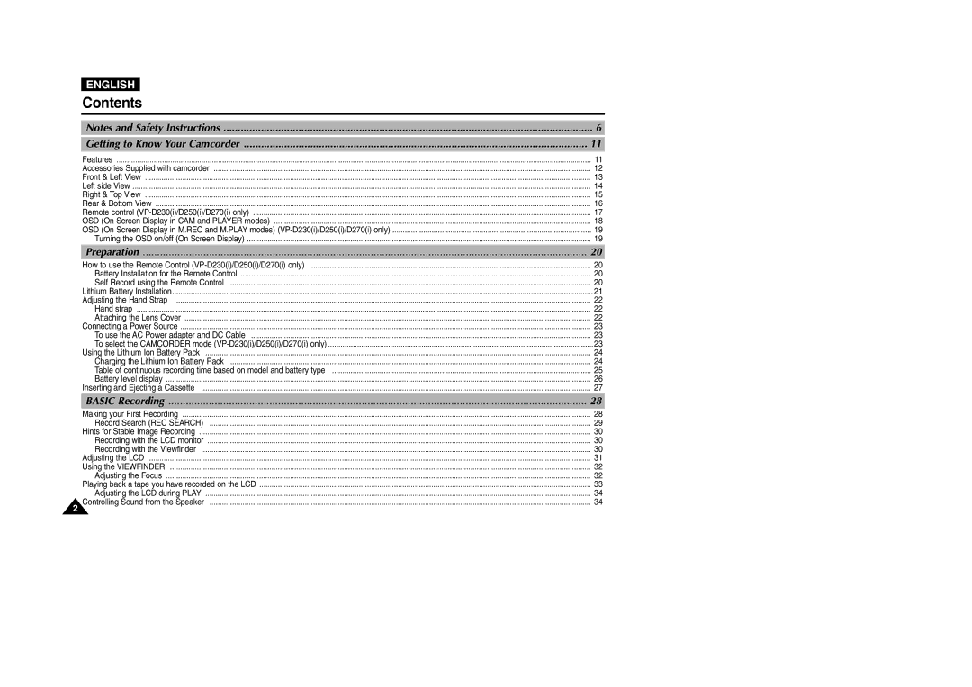 Samsung VP-D200 manual Contents 