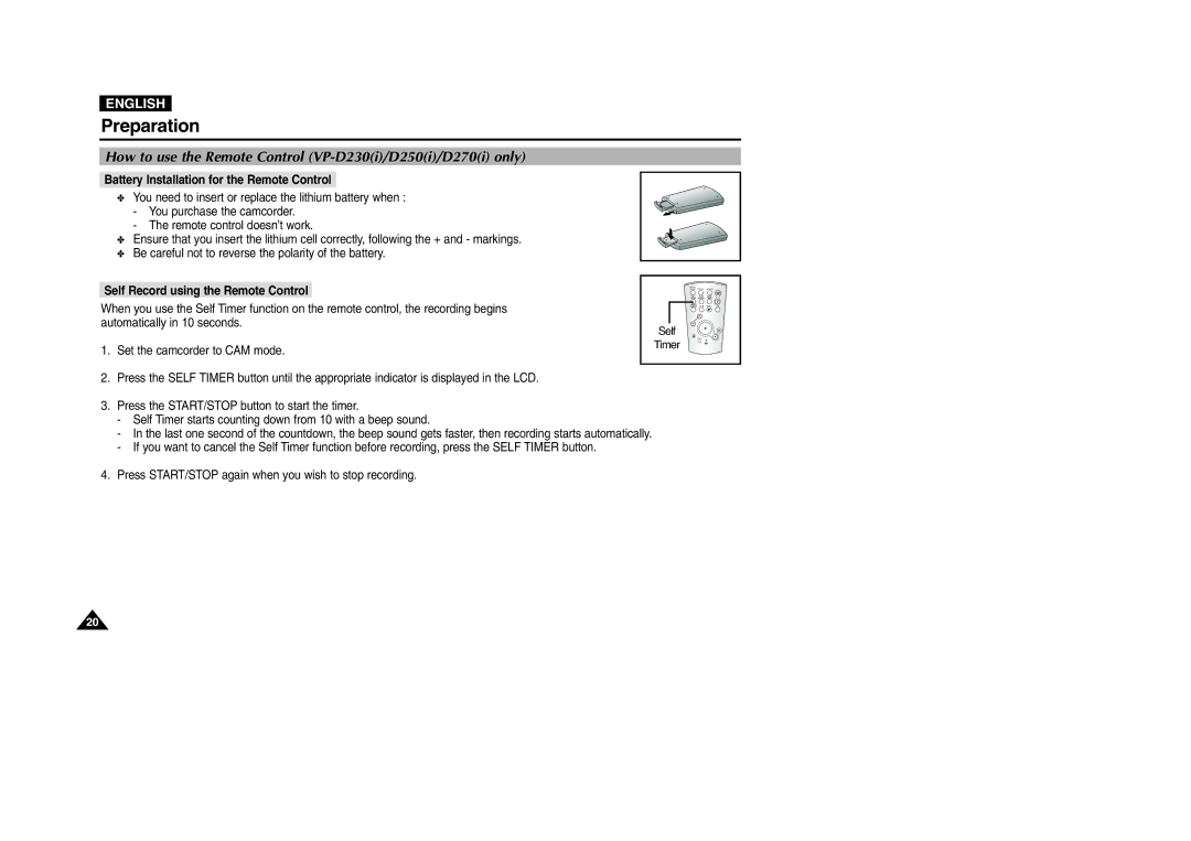 Samsung VP-D200 Preparation, How to use the Remote Control VP-D230i/D250i/D270i only, Self Record using the Remote Control 