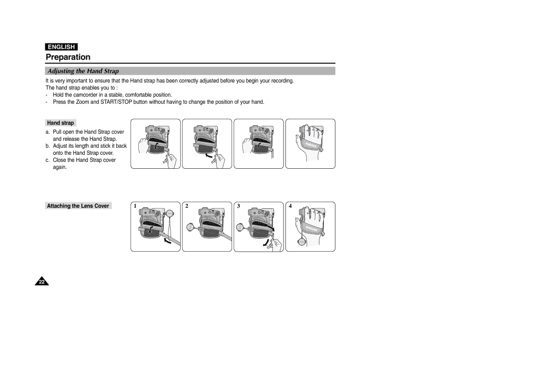 Samsung VP-D200 manual Adjusting the Hand Strap, Hand strap, Attaching the Lens Cover 