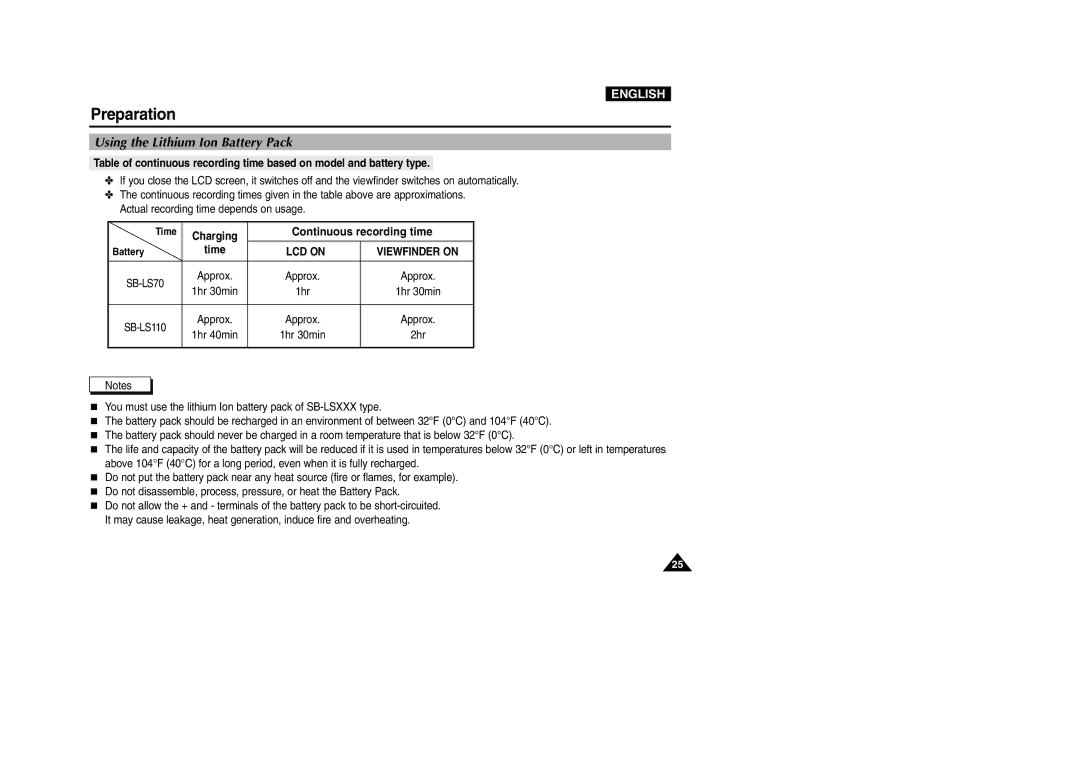 Samsung VP-D200 manual Continuous recording time, LCD on Viewfinder on 