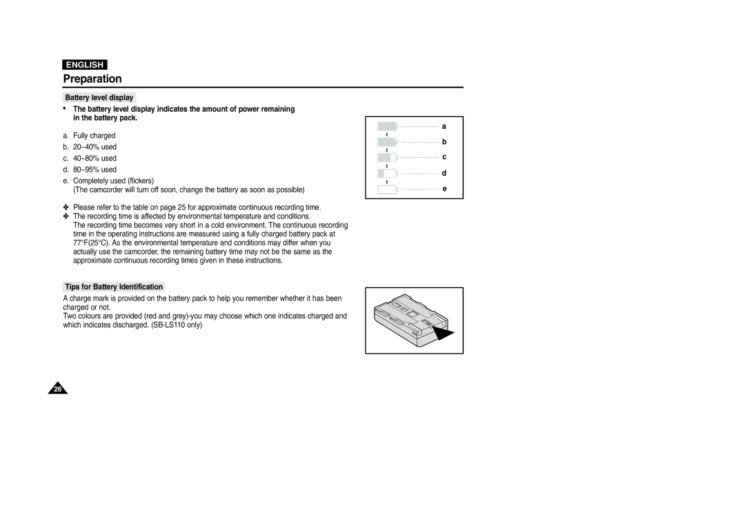 Samsung VP-D200 manual Tips for Battery Identification 