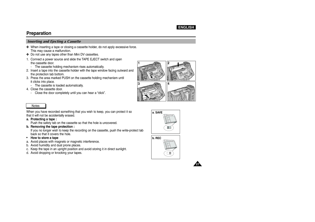 Samsung VP-D200 Inserting and Ejecting a Cassette, Protecting a tape, Removing the tape protection, How to store a tape 