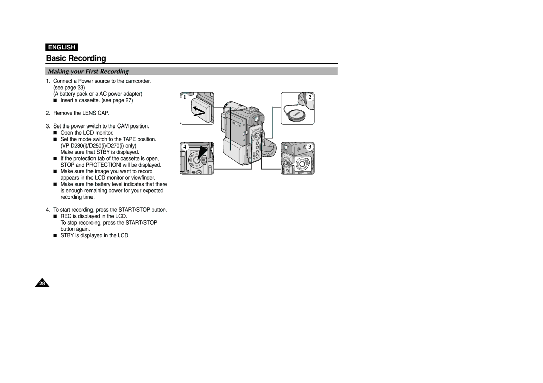 Samsung VP-D200 manual Basic Recording, Making your First Recording 