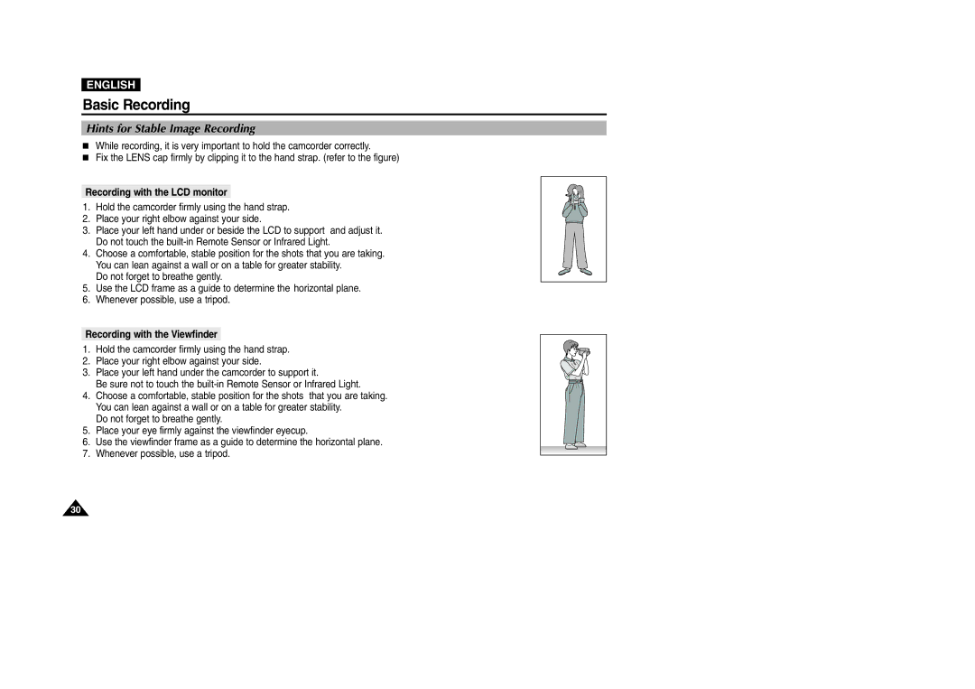 Samsung VP-D200 manual Hints for Stable Image Recording, Recording with the LCD monitor, Recording with the Viewfinder 