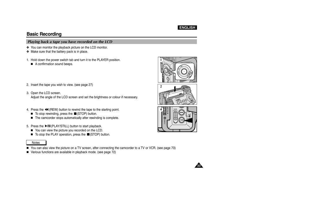 Samsung VP-D200 manual Playing back a tape you have recorded on the LCD 