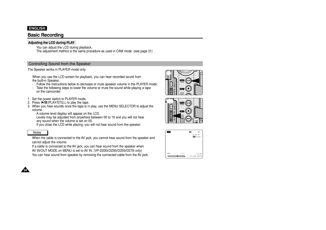 Samsung VP-D200 manual Controlling Sound from the Speaker, Adjusting the LCD during Play 