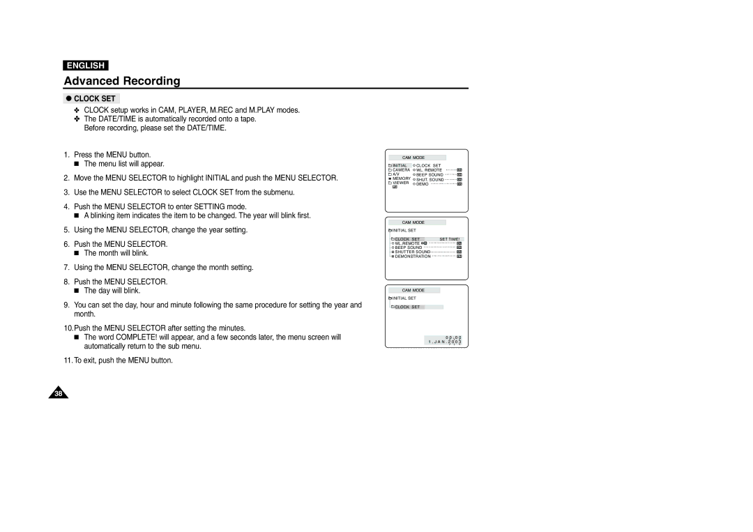 Samsung VP-D200 manual Clock SET 