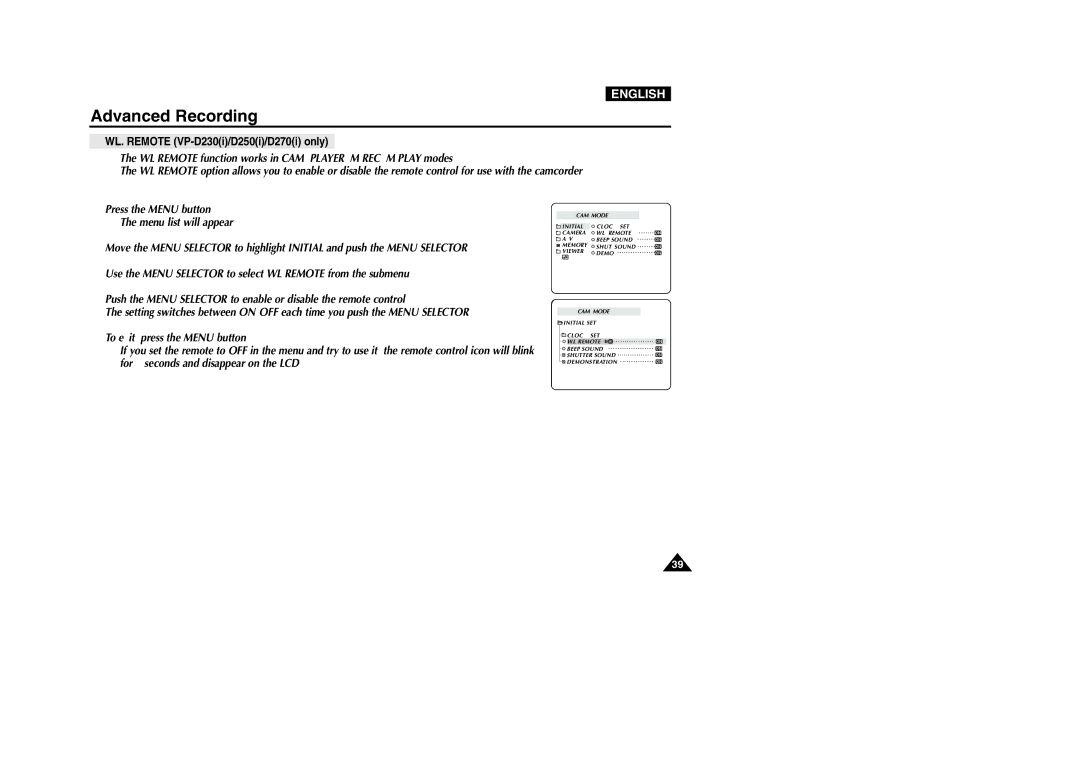 Samsung VP-D200 manual WL. Remote VP-D230i/D250i/D270i only 