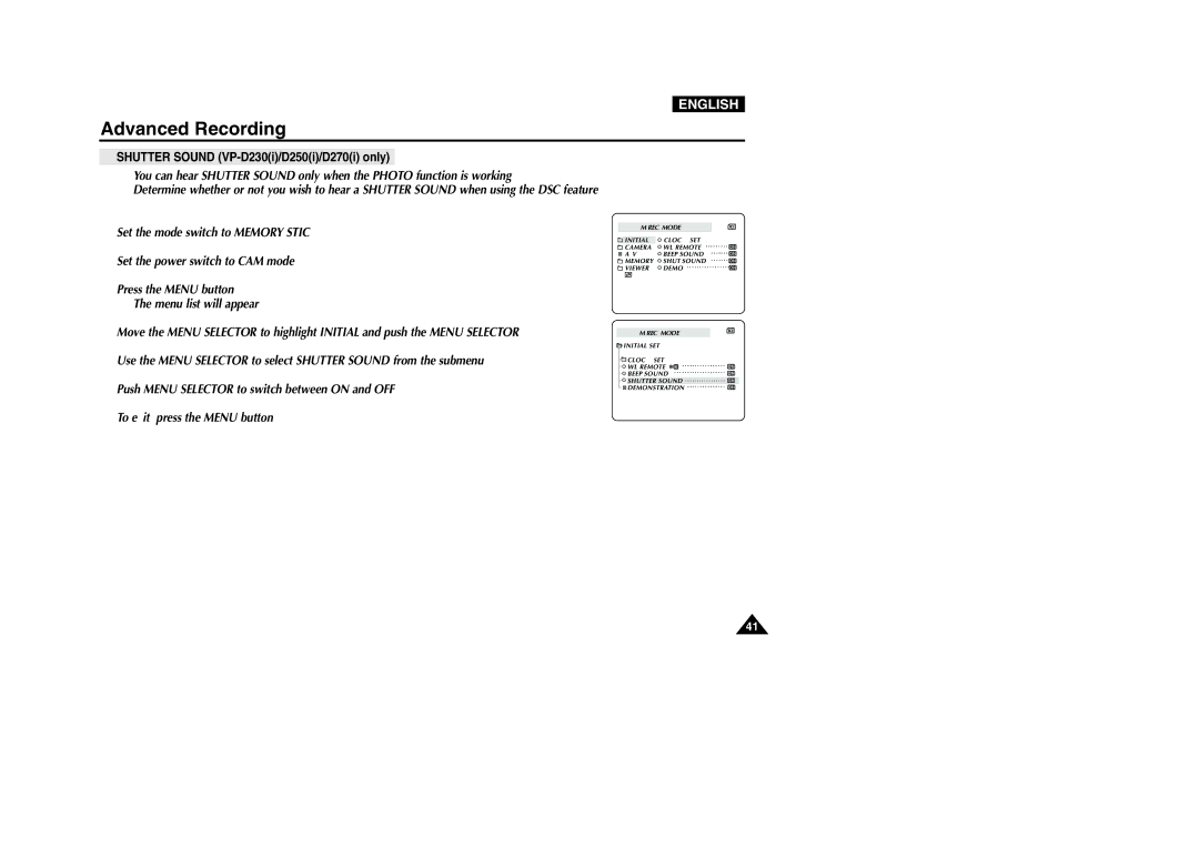 Samsung VP-D200 manual Shutter Sound VP-D230i/D250i/D270i only 