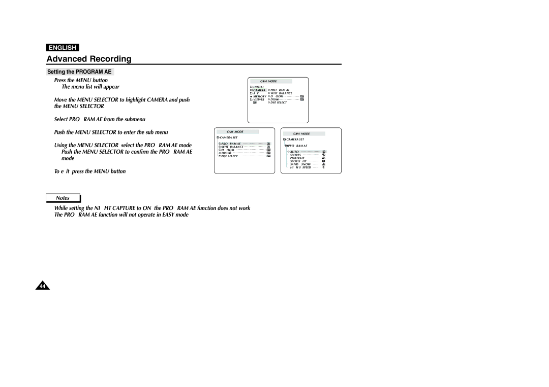 Samsung VP-D200 manual Setting the Program AE 