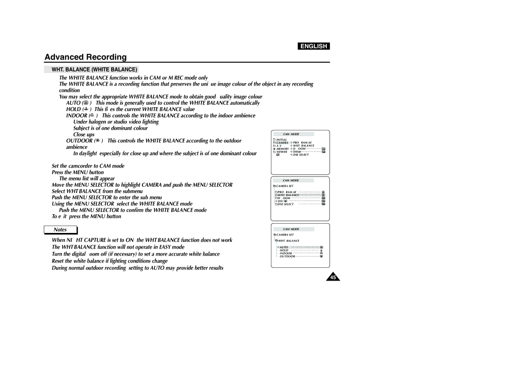 Samsung VP-D200 manual WHT. Balance White Balance 