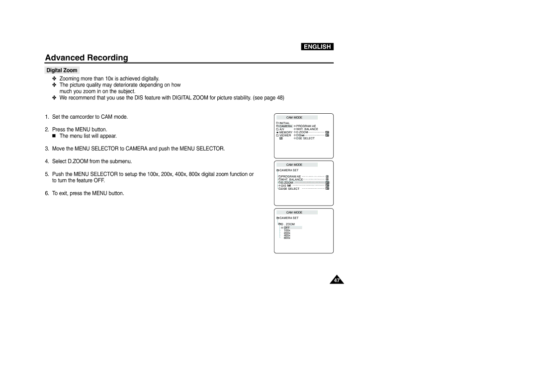 Samsung VP-D200 manual Digital Zoom 