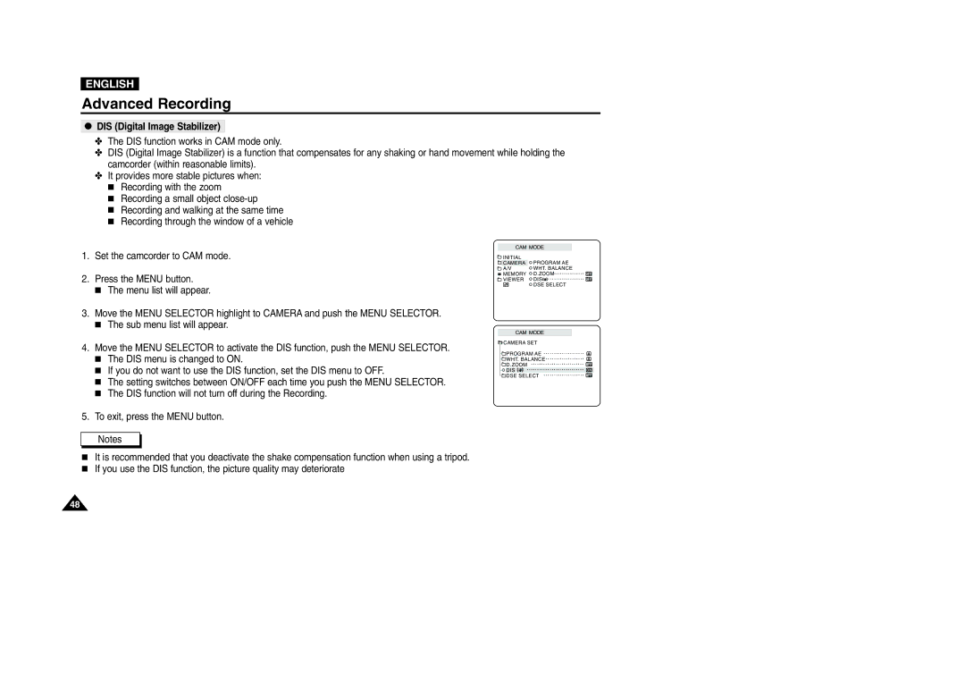 Samsung VP-D200 manual DIS Digital Image Stabilizer 