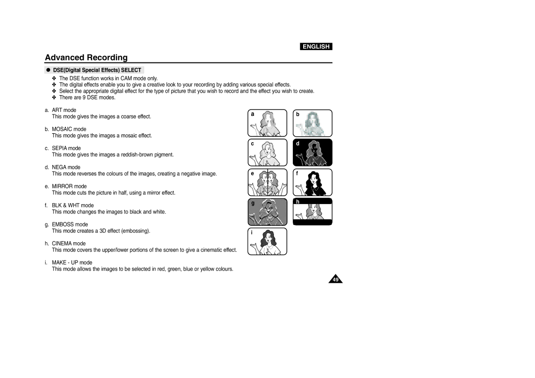 Samsung VP-D200 manual DSEDigital Special Effects Select 