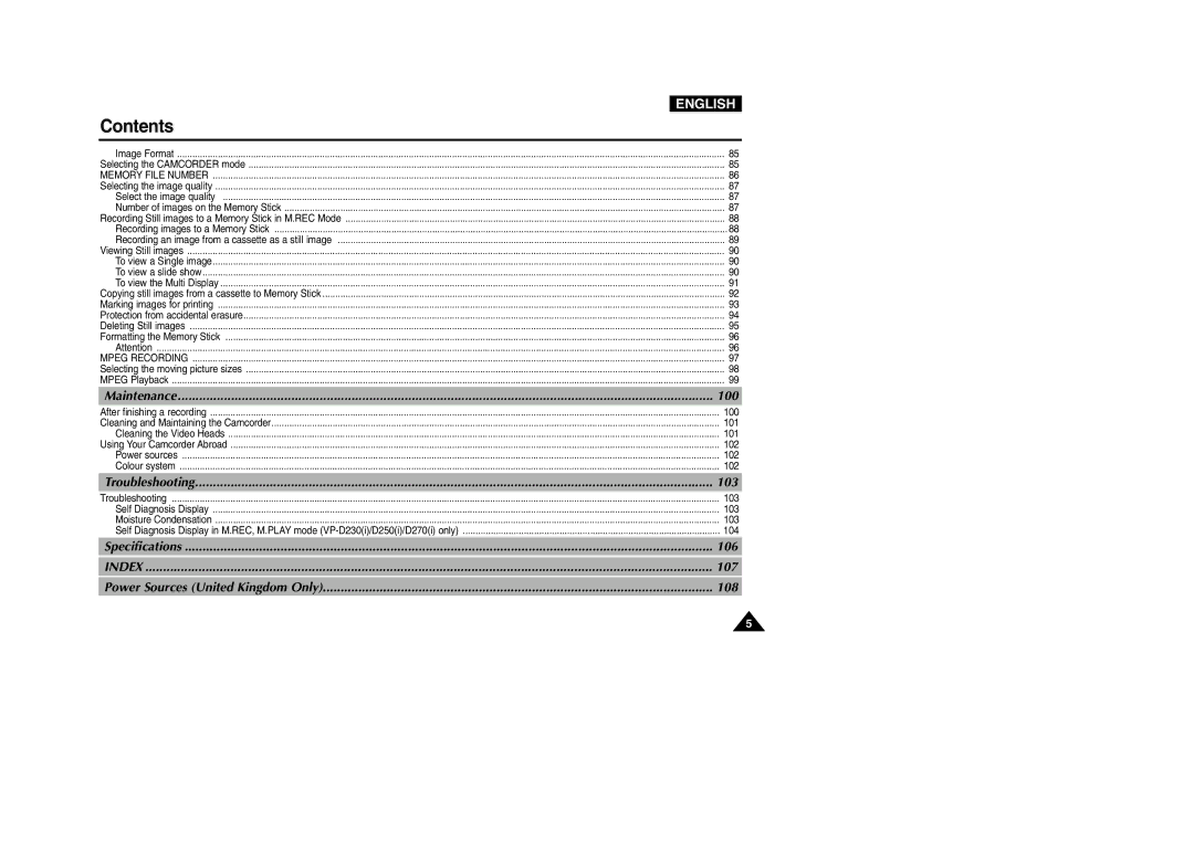 Samsung VP-D200 manual Index 