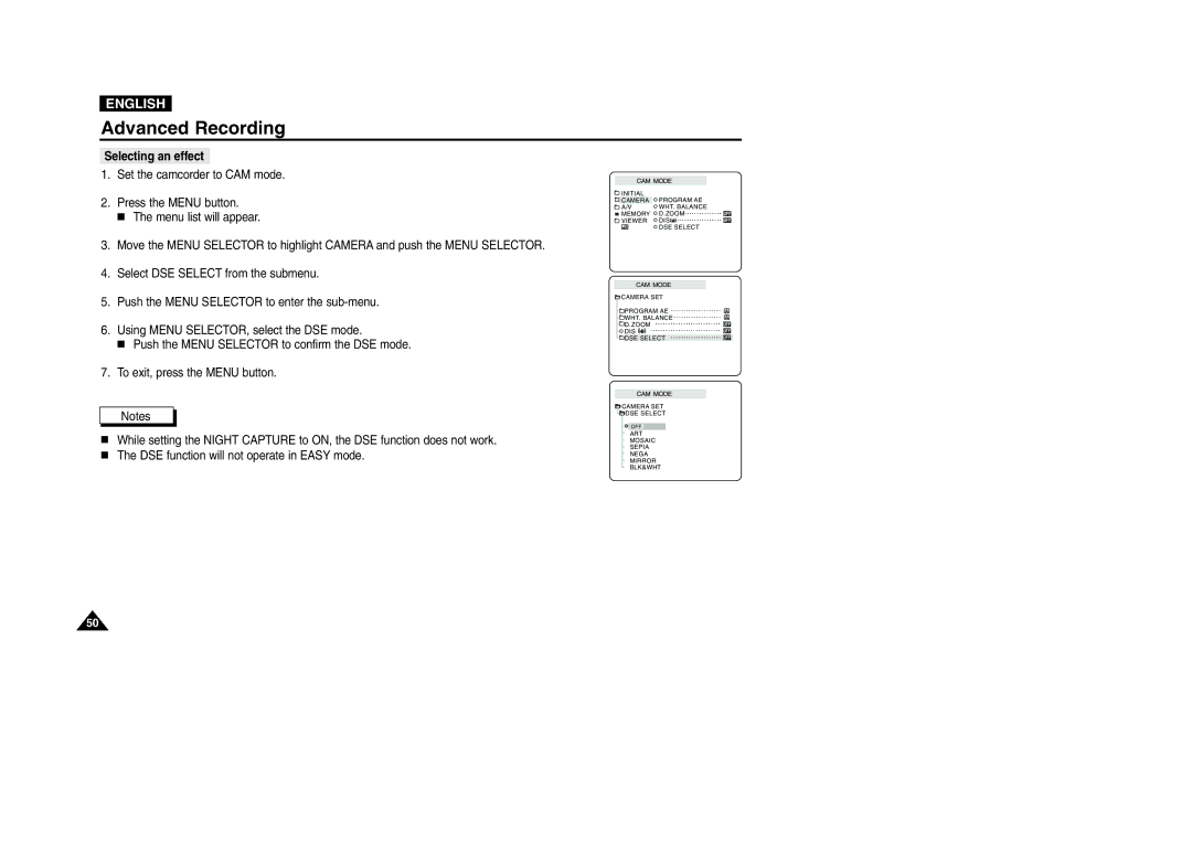 Samsung VP-D200 manual Selecting an effect 