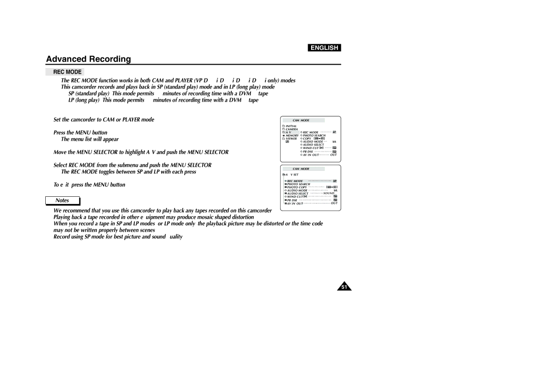 Samsung VP-D200 manual REC Mode 