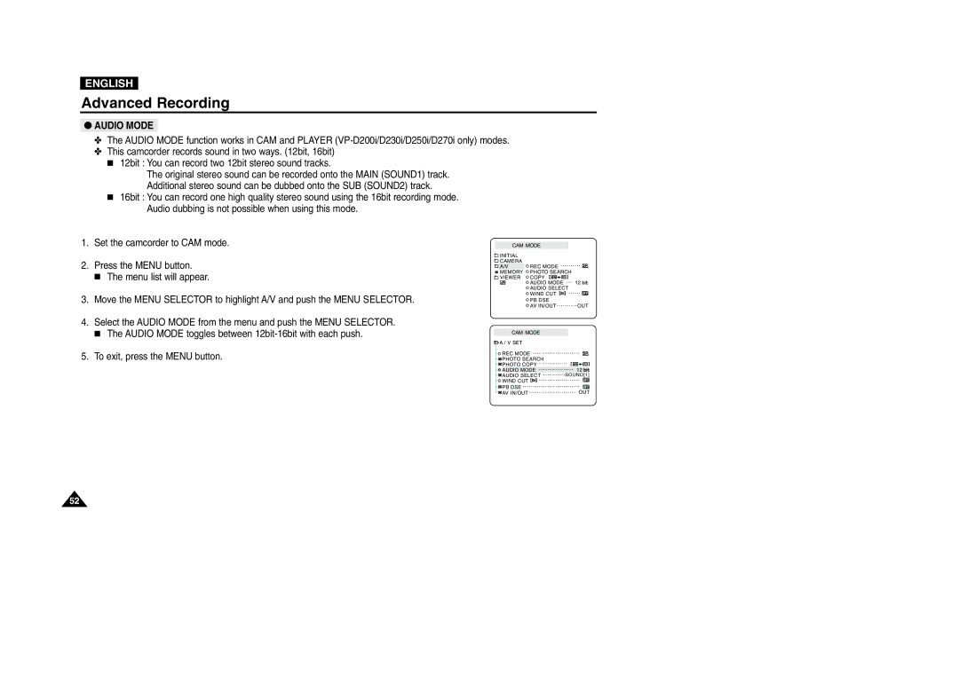 Samsung VP-D200 manual Audio Mode 