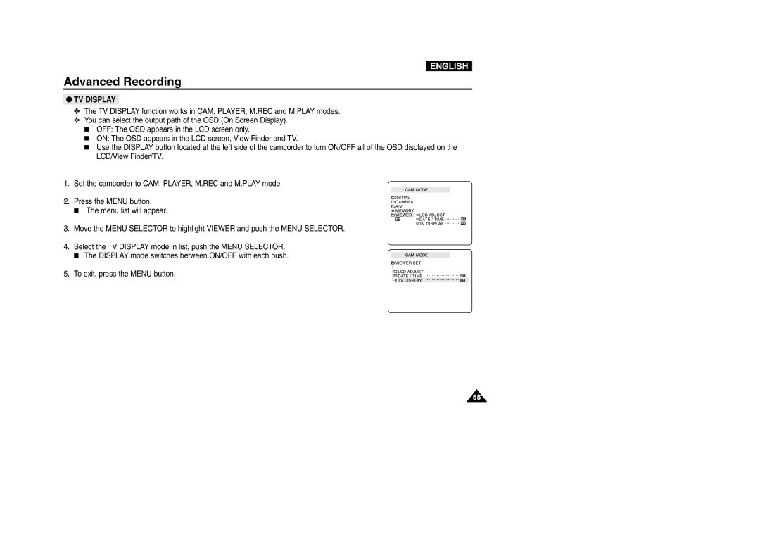 Samsung VP-D200 manual TV Display 