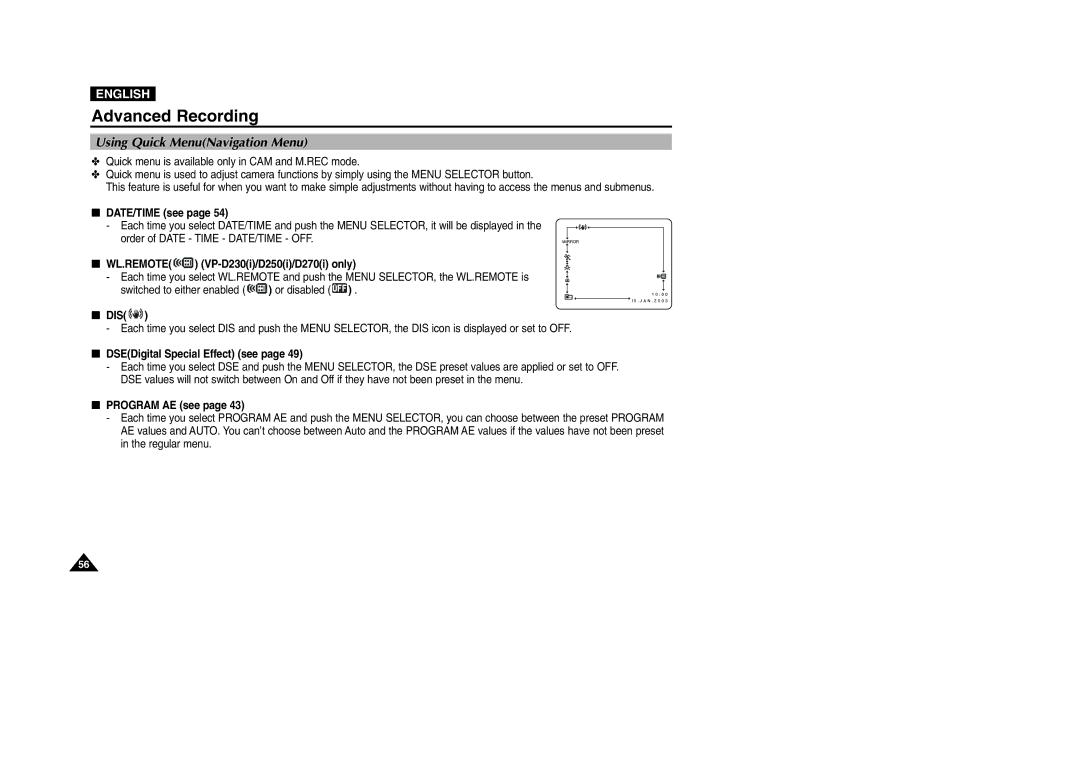 Samsung VP-D200 manual Using Quick MenuNavigation Menu, Wl.Remote 