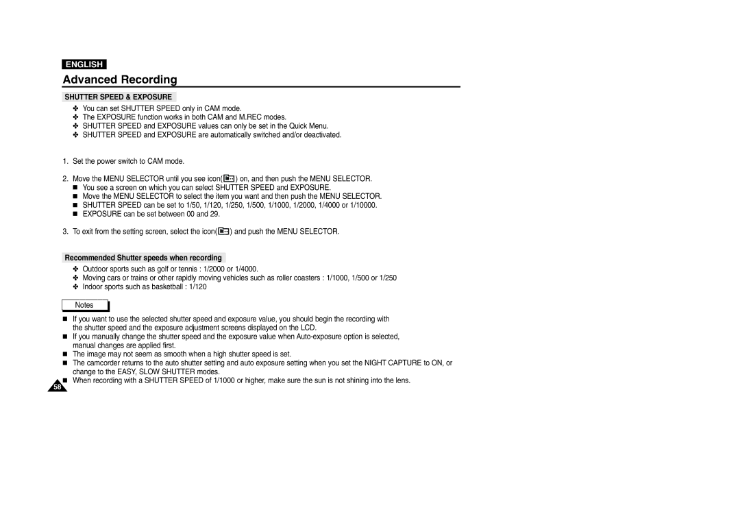 Samsung VP-D200 manual Recommended Shutter speeds when recording 