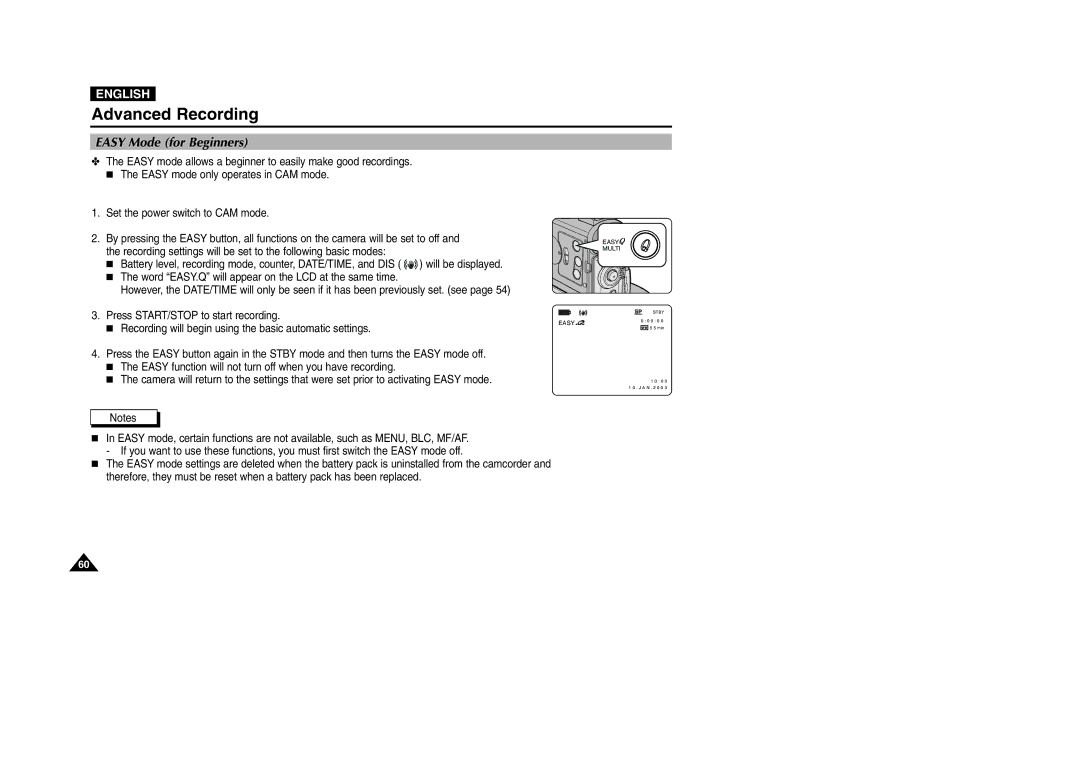 Samsung VP-D200 manual Easy Mode for Beginners 