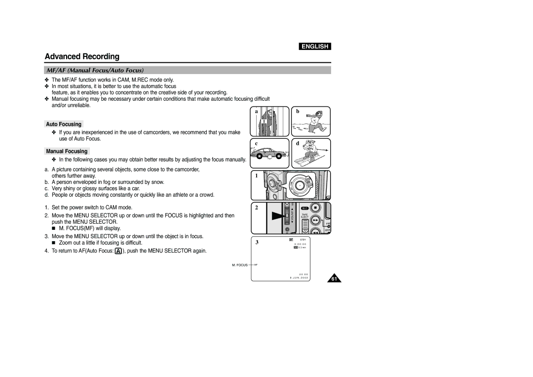 Samsung VP-D200 manual MF/AF Manual Focus/Auto Focus, Auto Focusing, Manual Focusing 