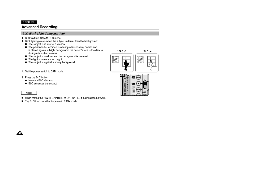 Samsung VP-D200 manual BLC Back Light Compensation 