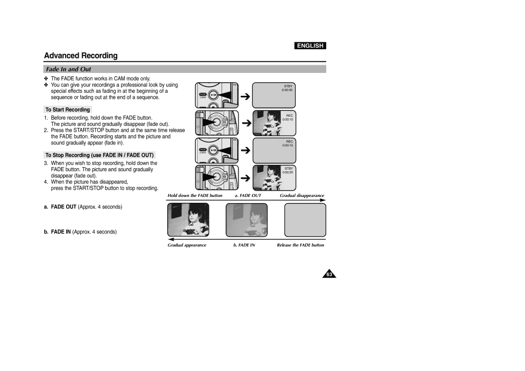 Samsung VP-D200 manual Fade In and Out, To Start Recording, To Stop Recording use Fade in / Fade OUT 