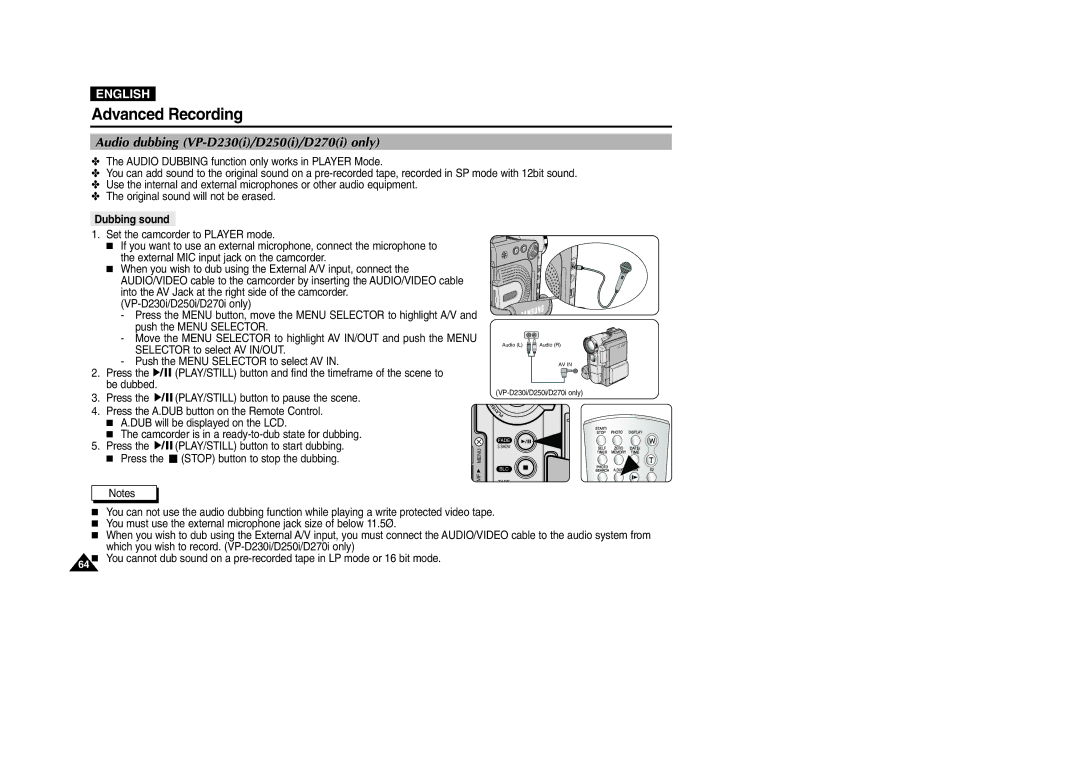 Samsung VP-D200 manual Audio dubbing VP-D230i/D250i/D270i only, Dubbing sound 