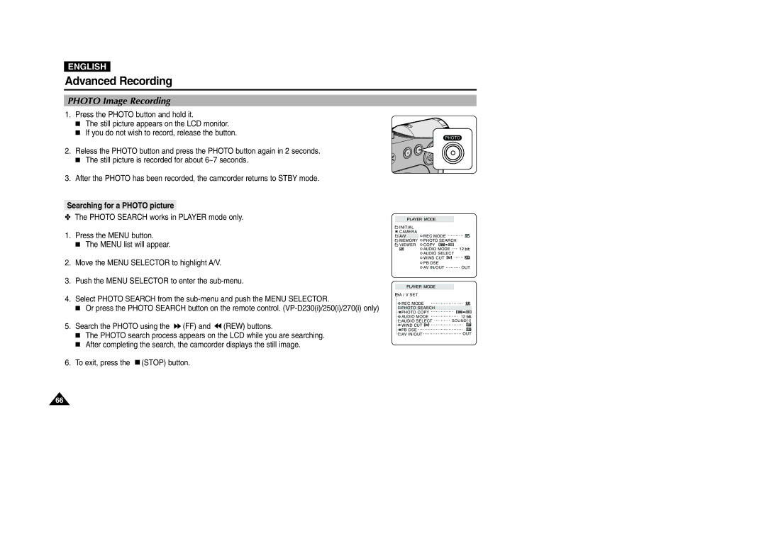 Samsung VP-D200 manual Photo Image Recording, Searching for a Photo picture 