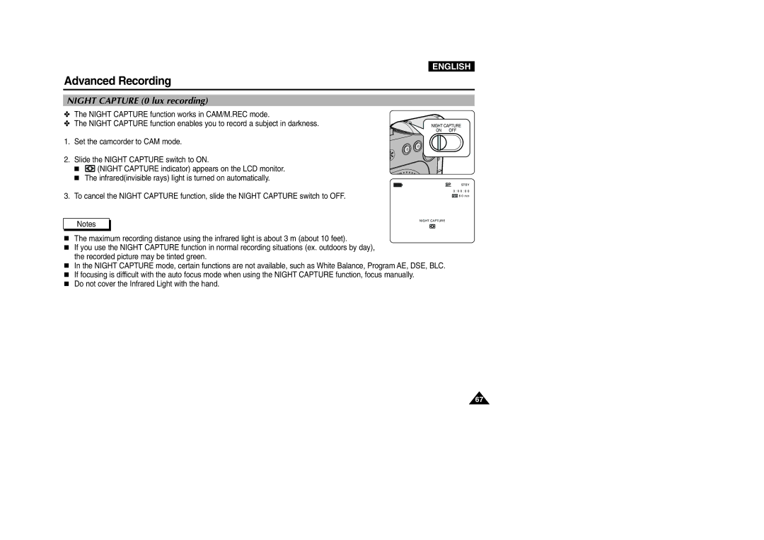 Samsung VP-D200 manual Night Capture 0 lux recording 