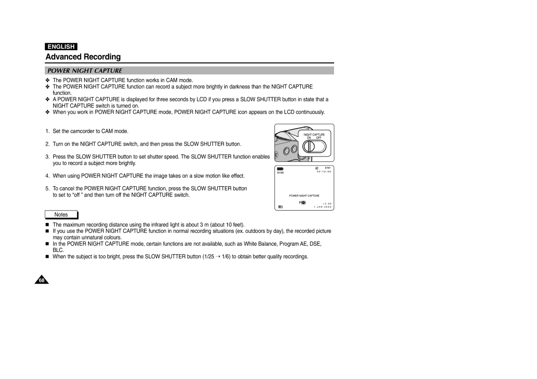 Samsung VP-D200 manual Power Night Capture 