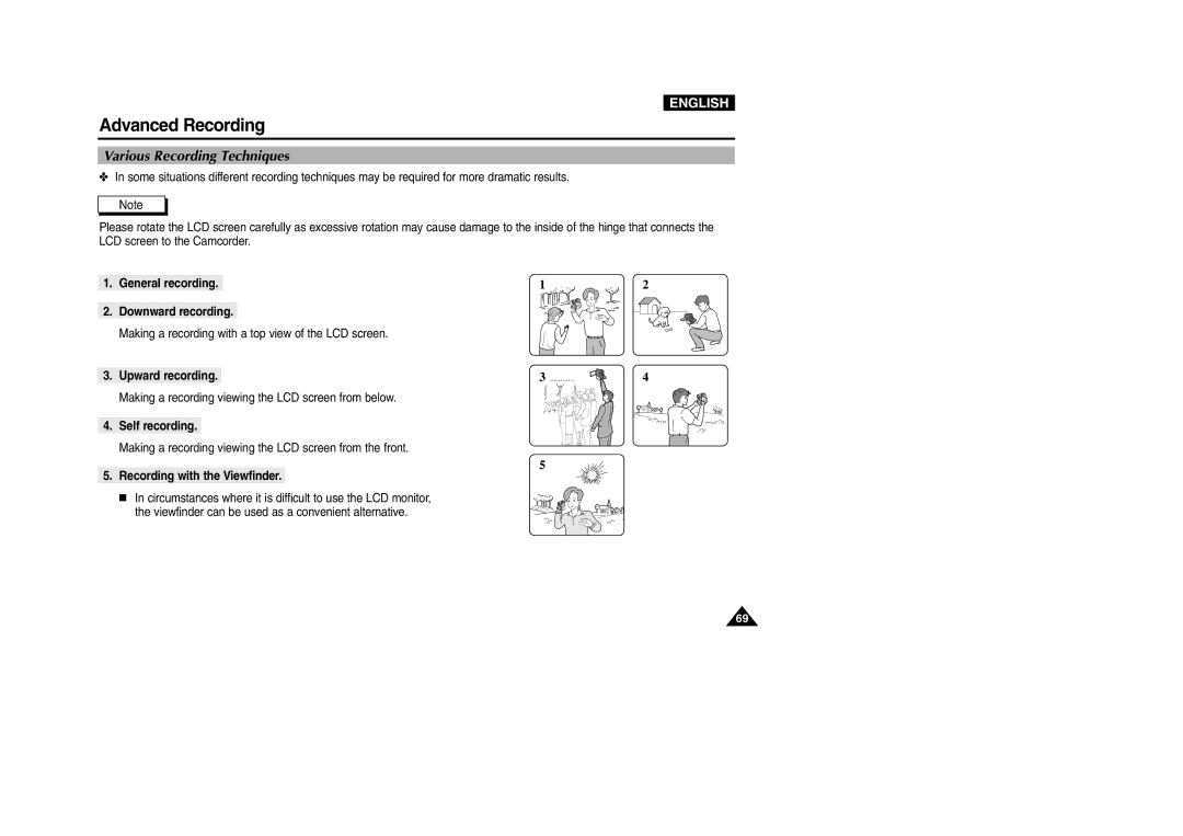 Samsung VP-D200 manual Various Recording Techniques, General recording Downward recording, Upward recording, Self recording 