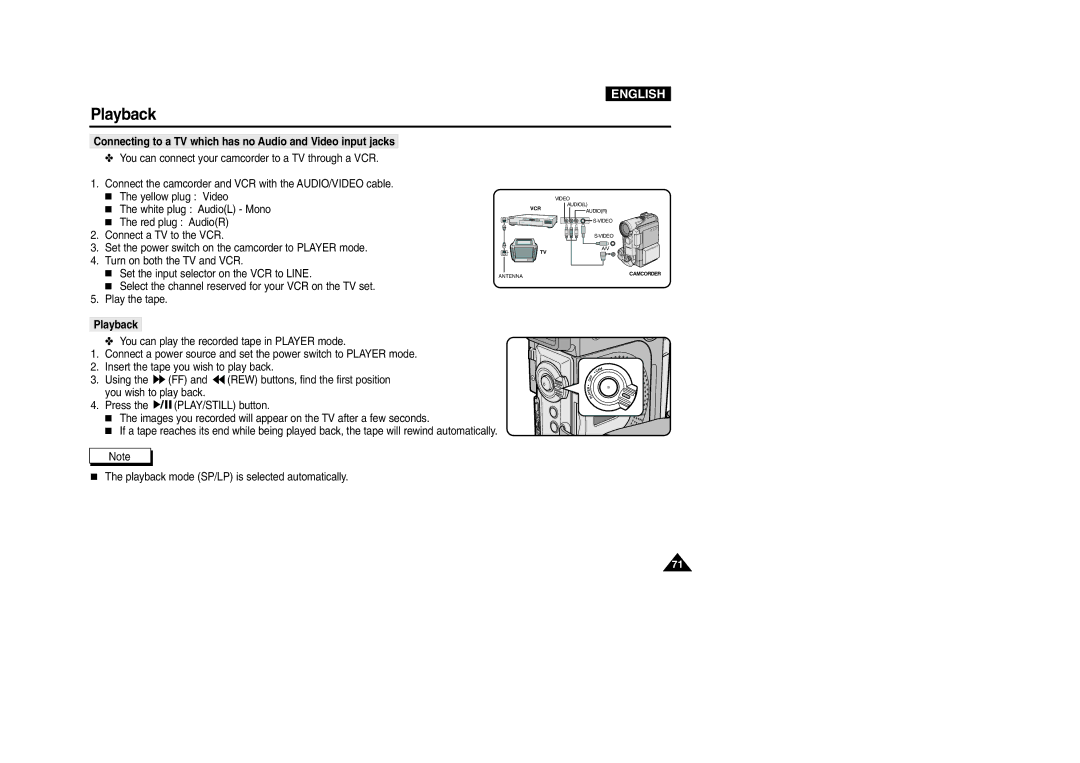 Samsung VP-D200 manual Connecting to a TV which has no Audio and Video input jacks, Playback 