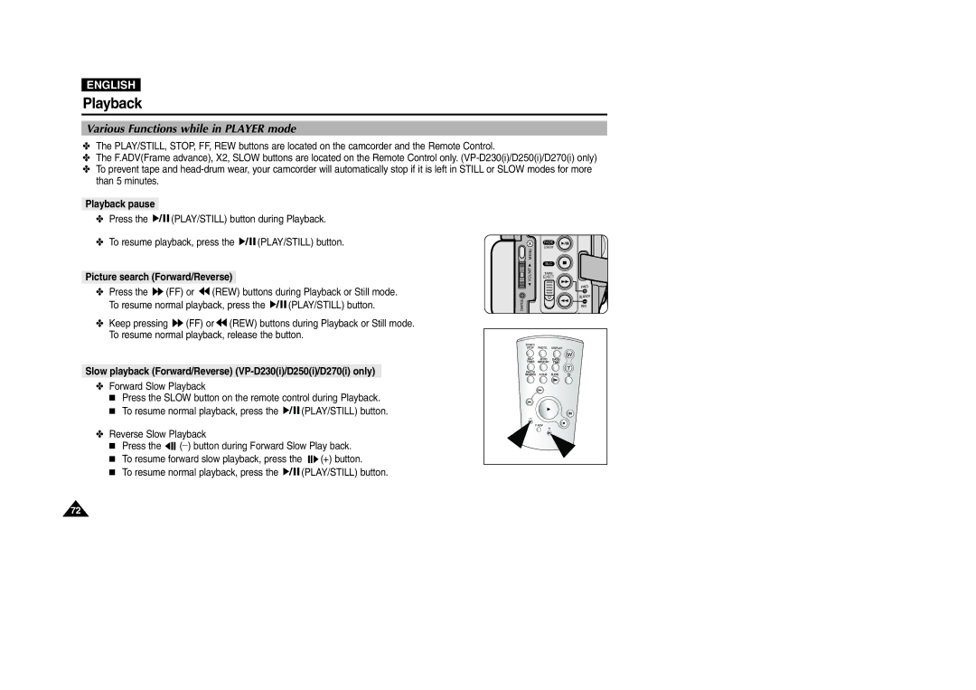 Samsung VP-D200 manual Various Functions while in Player mode, Playback pause, Picture search Forward/Reverse 