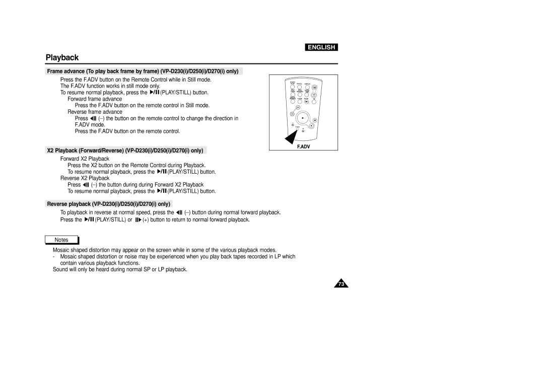 Samsung VP-D200 manual X2 Playback Forward/Reverse VP-D230i/D250i/D270i only, Reverse playback VP-D230i/D250i/D270i only 